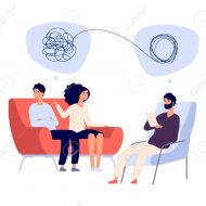 Psychotherapy concept. Psychologist doctor helps patient to unravel tangled thoughts. Psychological problems, mental treatment vector. Illustration couple woman and man counselling psychiatrist