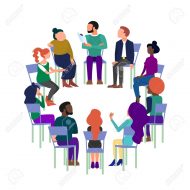 Concept art of group therapy, brainstorming meeting, people sitting in circle, anonymous club. Isolated on white background. Flat style stock vector illustration.