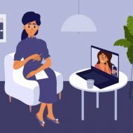 Video call with female psychologist on laptop. Psychology or psychotherapy online session or consultation. Support, medical care, help with mental problem, depressive disorders. Vector illustration.